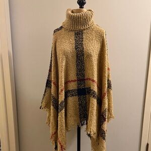 Tan  And Red  Turtleneck Plaid Poncho Sweater